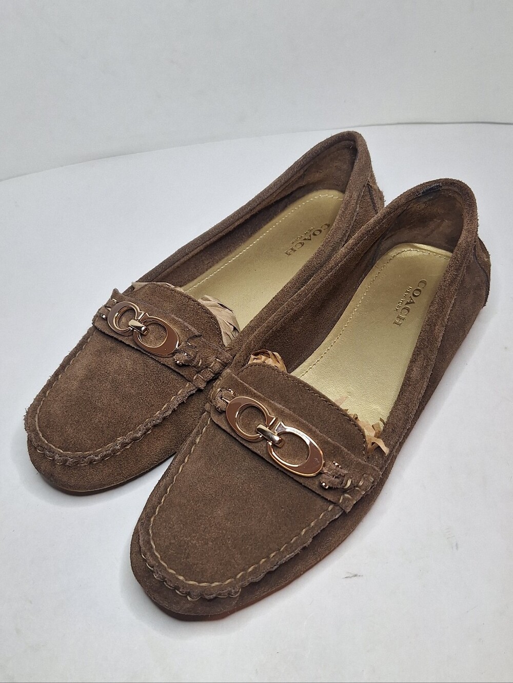 Coach Fortunata Loafers Womens Size 7.5 Brown Suede Logo Driver Flats Slip On